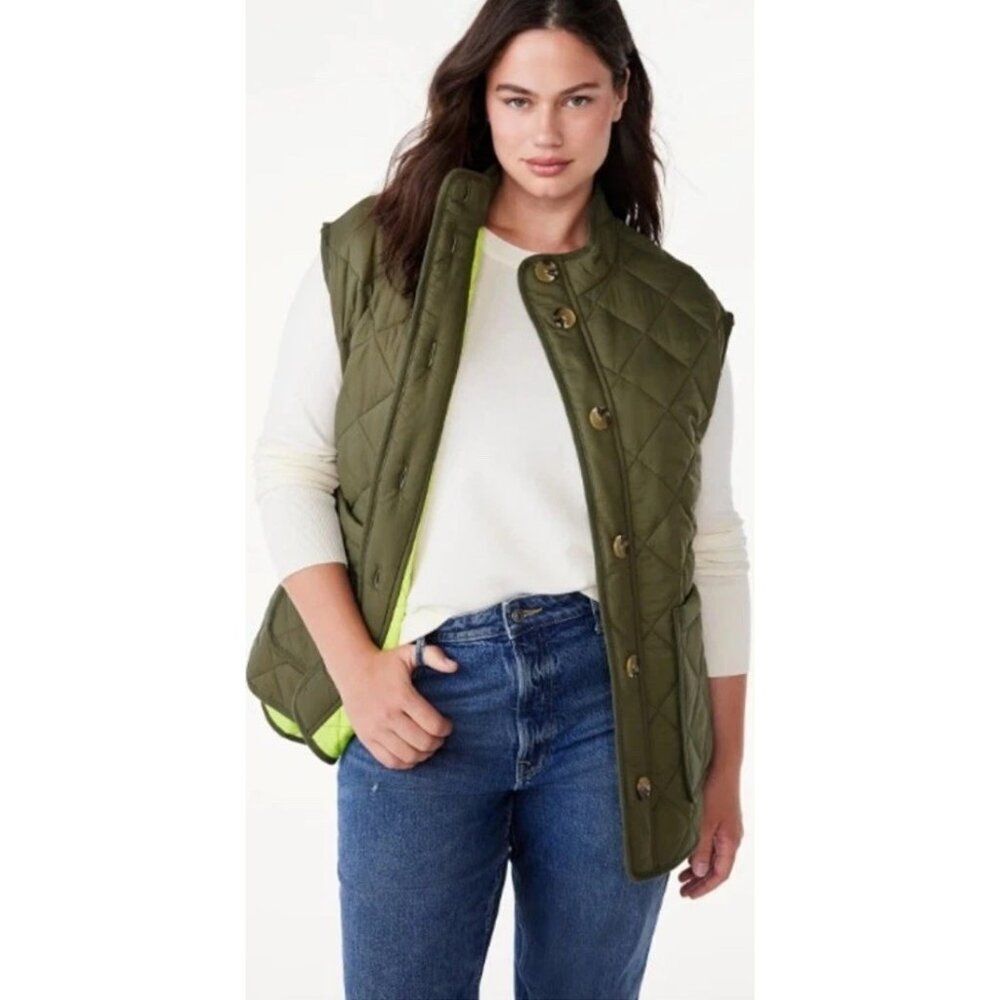 Free Assembly Women's Large Quilted Vest Belt Button Up Green